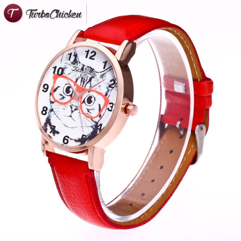 #Đồng hồ đeo tay# Faux Leather Strap Wrist Watches Cute Cat Cartoon Printing Couple Watches Round Dial Casual Quartz Watch 