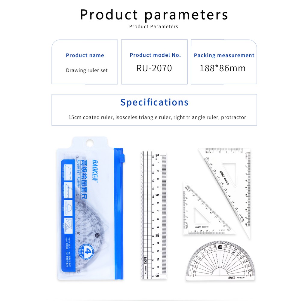 Bộ thước kẻ 4 món, túi zip Baoke RU2070