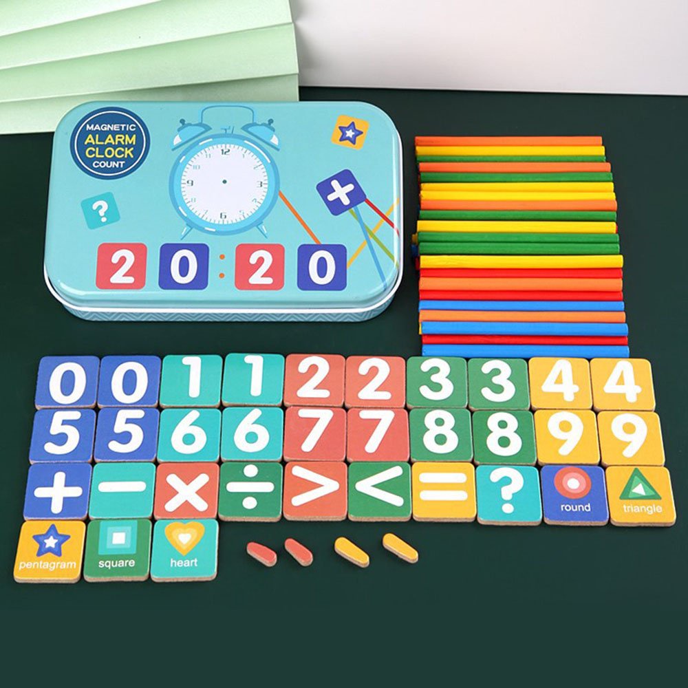 Bộ ghép số và que tính kèm dấu, đồng hồ cho bé mầm non lớp 1 học toán, tập tính nhẩm bằng gỗ