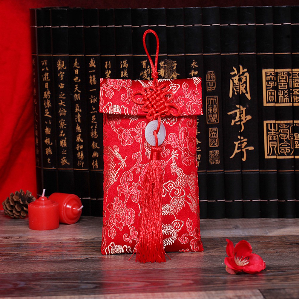 Phong bì lì xì màu đỏ họa tiết rồng và chim phượng hoàng phong cách Trung Hoa