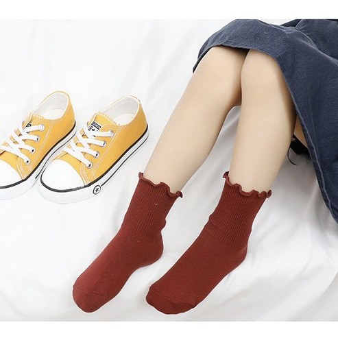 Set 4 đôi Tất bé gái ngắn cổ bèo nhún nhiều màu - vớ cho bé gái vintage 100% len cotton siêu mịn