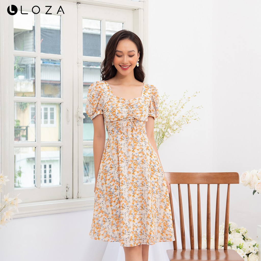 [Mã FASHIONMALLT4 giảm 15% đơn 150k] Đầm dáng xòe LOZA cổ vuông rút ngực họa tiết hoa - LD2482