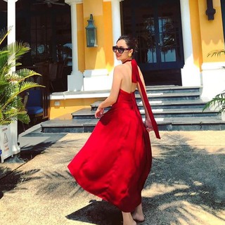 HOT!!! 💕[Ong-Ong store]💕 Váy maxi cổ yếm hở lưng hai lớp chất lụa Hàn