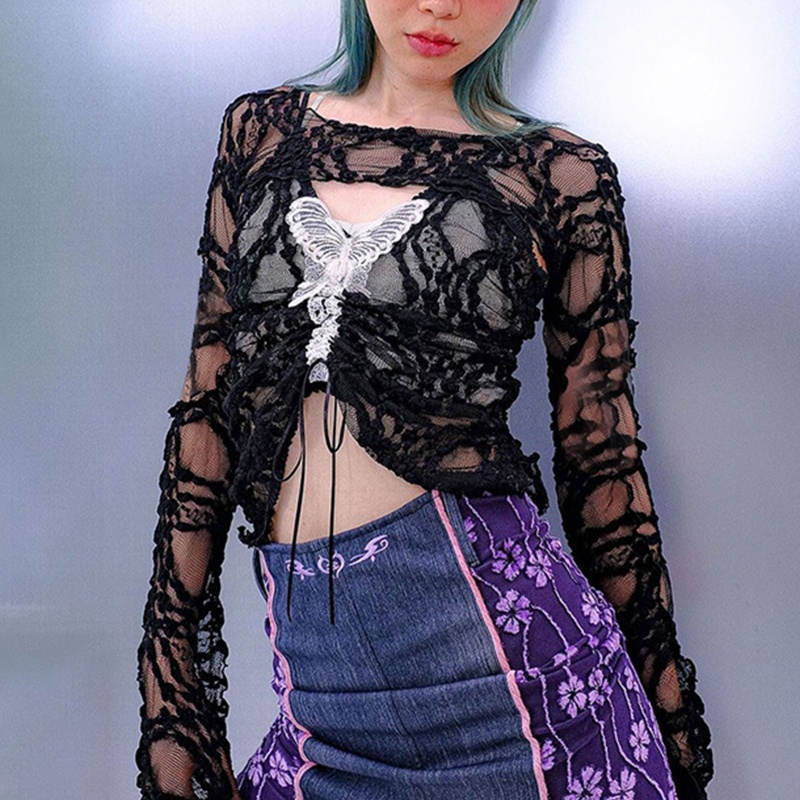 Bộ Trang Phục 2 Mảnh Gồm Áo Croptop Tay Dài Và Áo Hai Dây Xuyên Thấu Phối Ren Hình Bướm Dành Cho Bạn Nữ