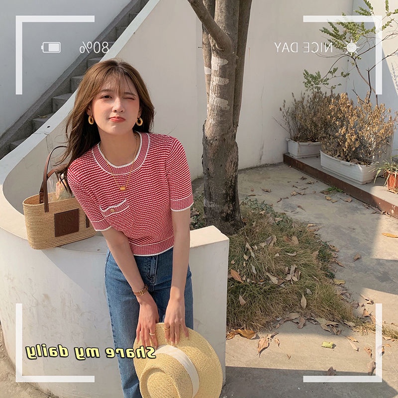 Áo Thun Tay Ngắn Cổ Tròn Chất Liệu Dệt Kim Mỏng Thời Trang Mùa Hè Phong Cách Retro Mới Dành Cho Nữ 2022