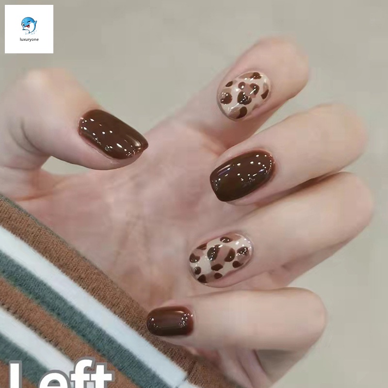 Set 24 móng tay giả họa tiết da báo phong cách Pháp thời trang sang trọng cho nữ