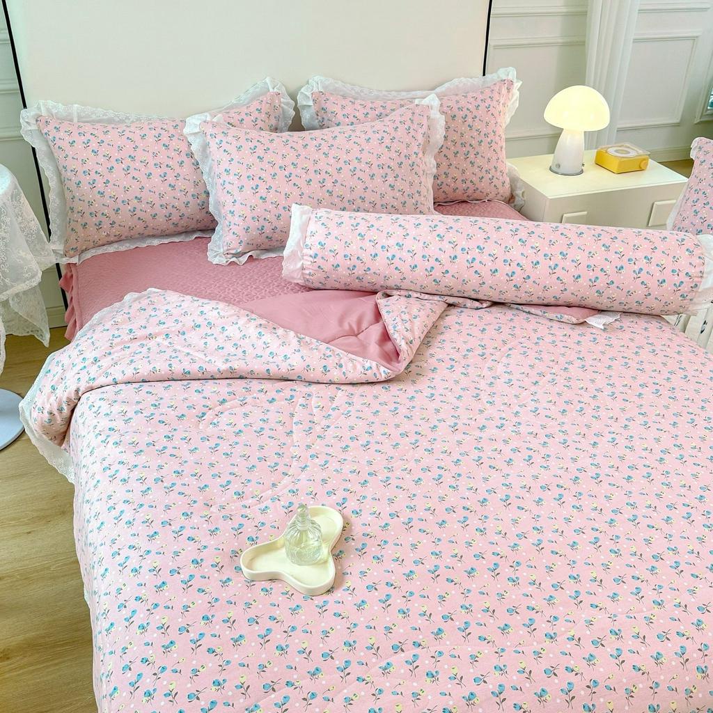 Bộ chăn ga chất liệu cotton đũi mềm mại nhập khẩu, set 5 món bo chun viền bèo chăn ga họa tiết Vintage xinh xắn