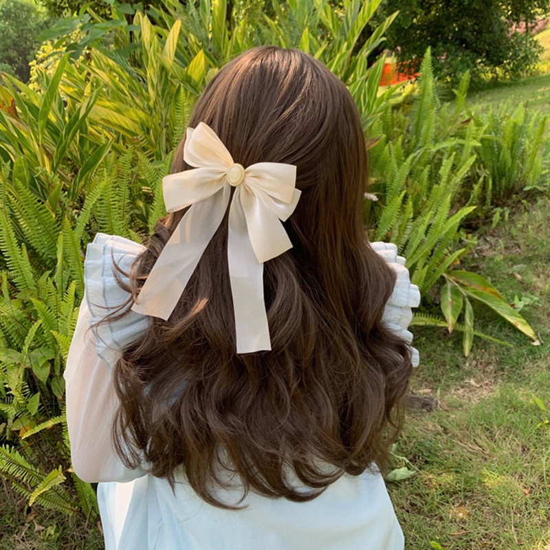 Kẹp Tóc Hình Nơ Cỡ Lớn Đính Ngọc Trai Kiểu Pháp Dễ Thương