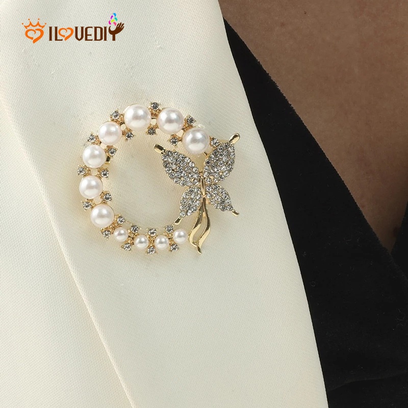 Ghim cài áo nữ hình bướm đính đá phối ngọc trai thanh lịch thời trang