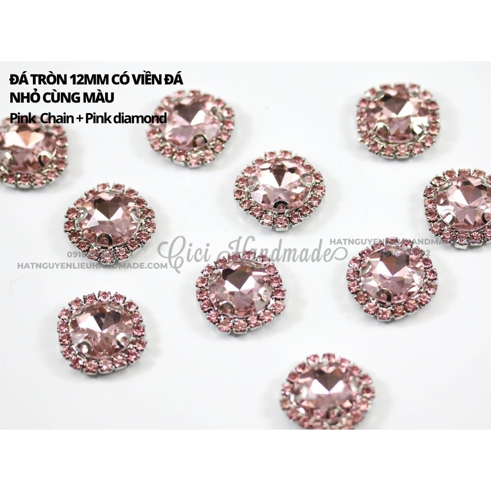 Đá tròn đế trắng 12mm có viền đá nhỏ cùng màu Cici Handmade chuyên hạt đá hạt pha lê hạt cườm hạt trang sức tự làm