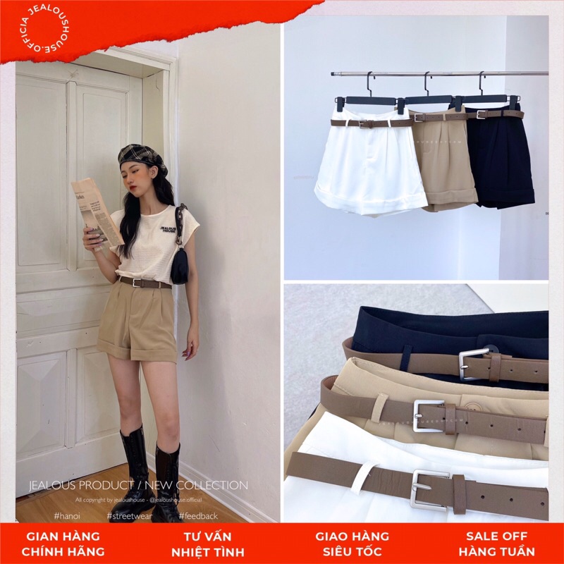 Quần short nữ, quần short vải gấp gấu kèm thắt lưng nâu mặt sắt 5917