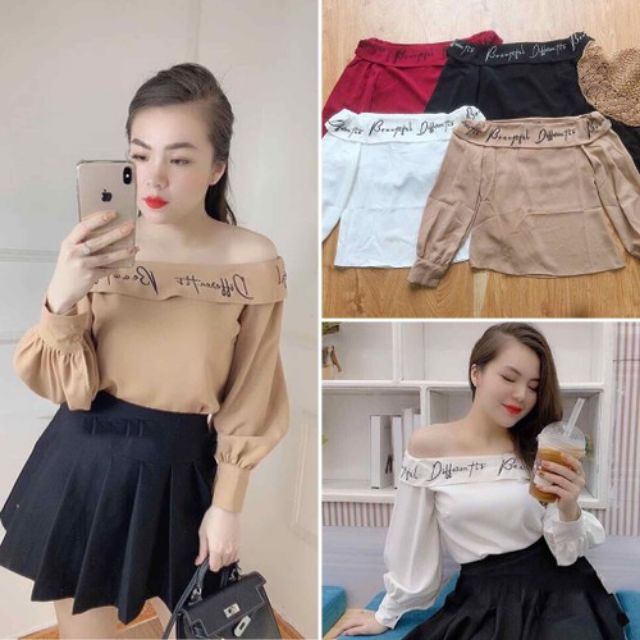 [Mã WAMT10K giảm 10k cho đơn 0k] Áo kiểu bẹt vai thêu chữ | BigBuy360 - bigbuy360.vn