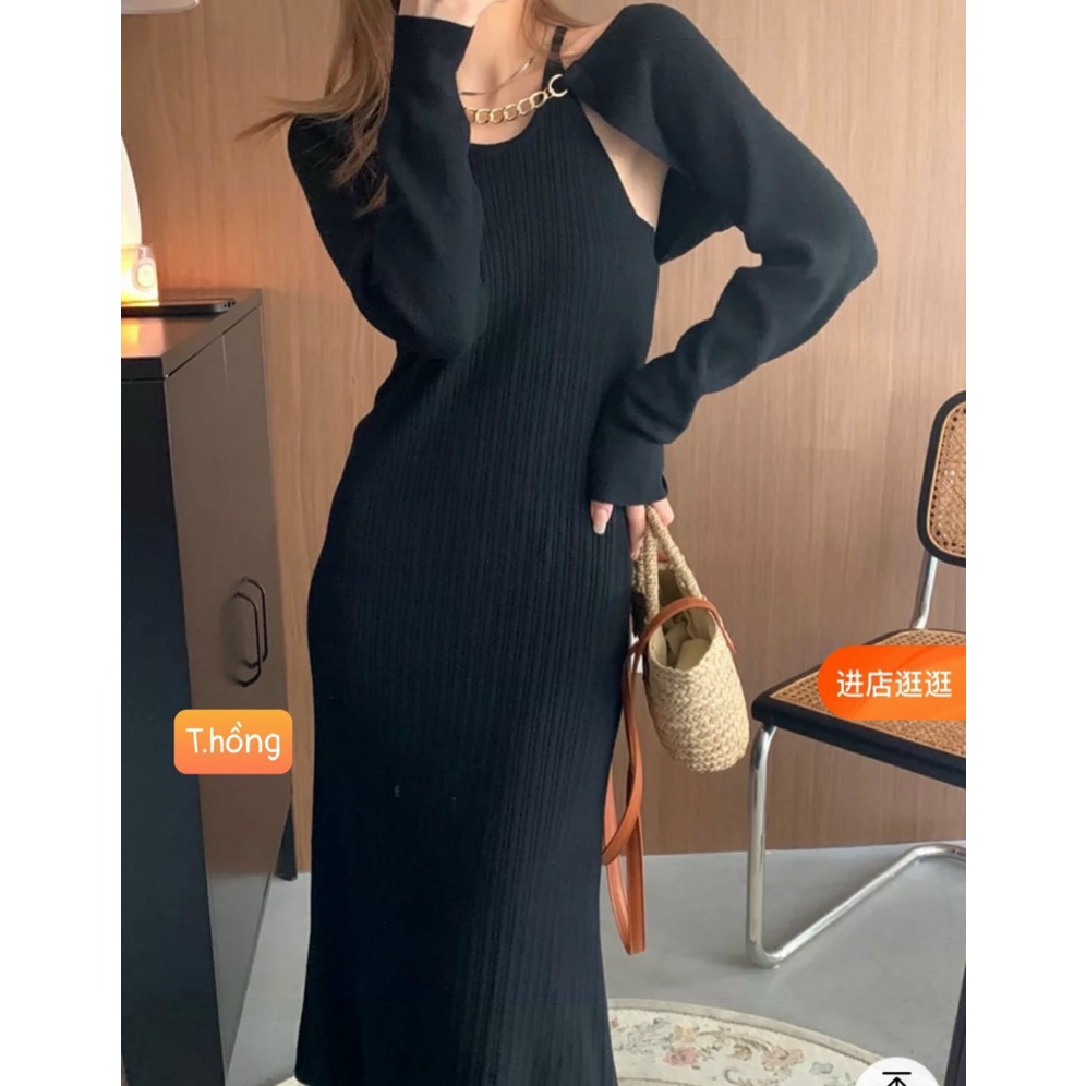 Set váy len maxi cổ yếm kèm cardigan dây xích bigsize bầu bí mặc được