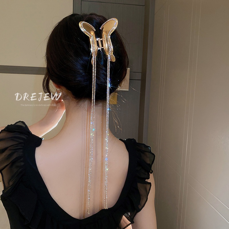 Kẹp Tóc Cá Mập Dát Kim Cương Dài Tua Rua Bằng Kim Loại Thời Trang Cho Nữ