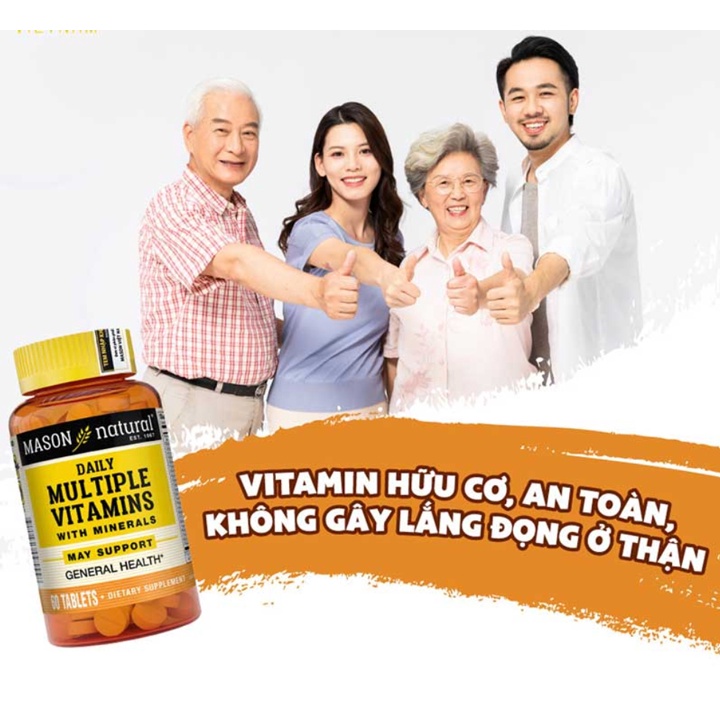 Viên uống bổ sung Vitamin tổng hợp Mason Natural Multiple Vitamins hỗ trợ tăng cường sức khỏe tổng thể nâng cao đề kháng