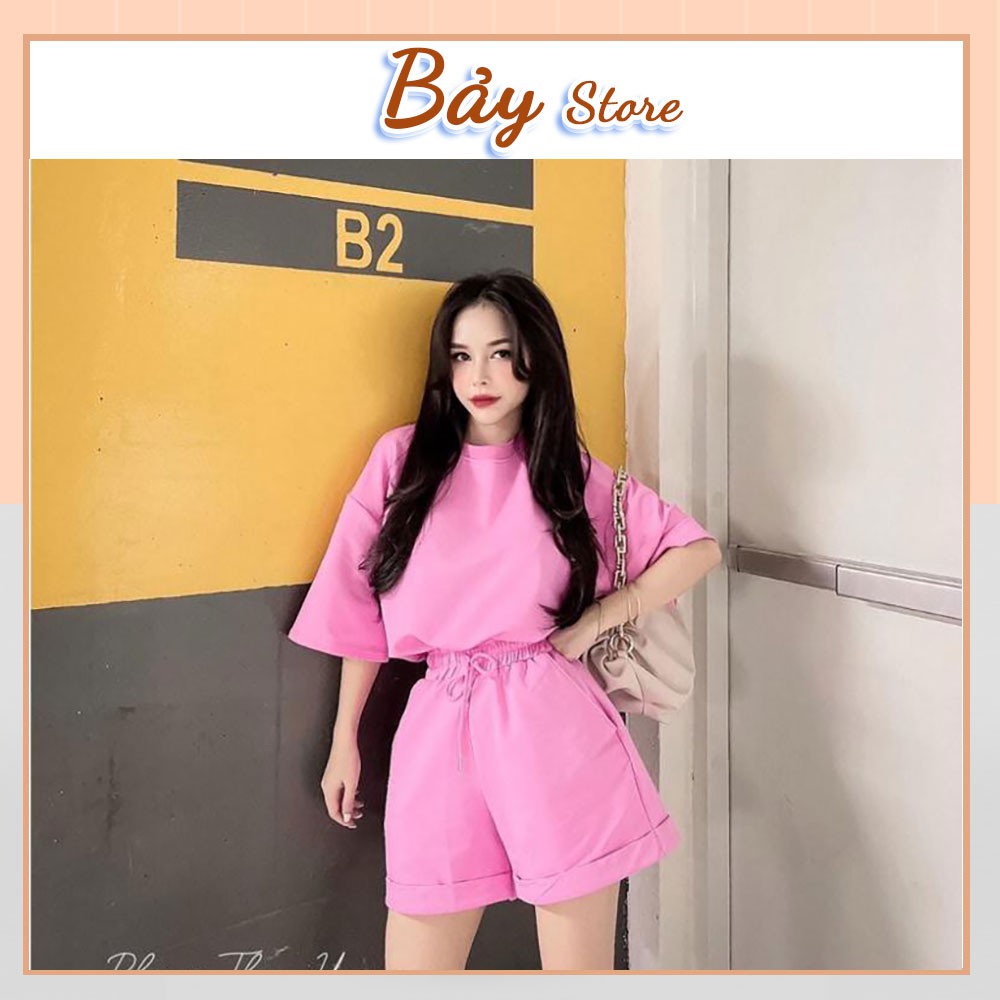 Set Trơn Thụng Cộc Tay Bảy Store Nữ Ulzzang Bộ quần short đùi áo thun form rộng tay lỡ, sooc phông mặc ở nhà