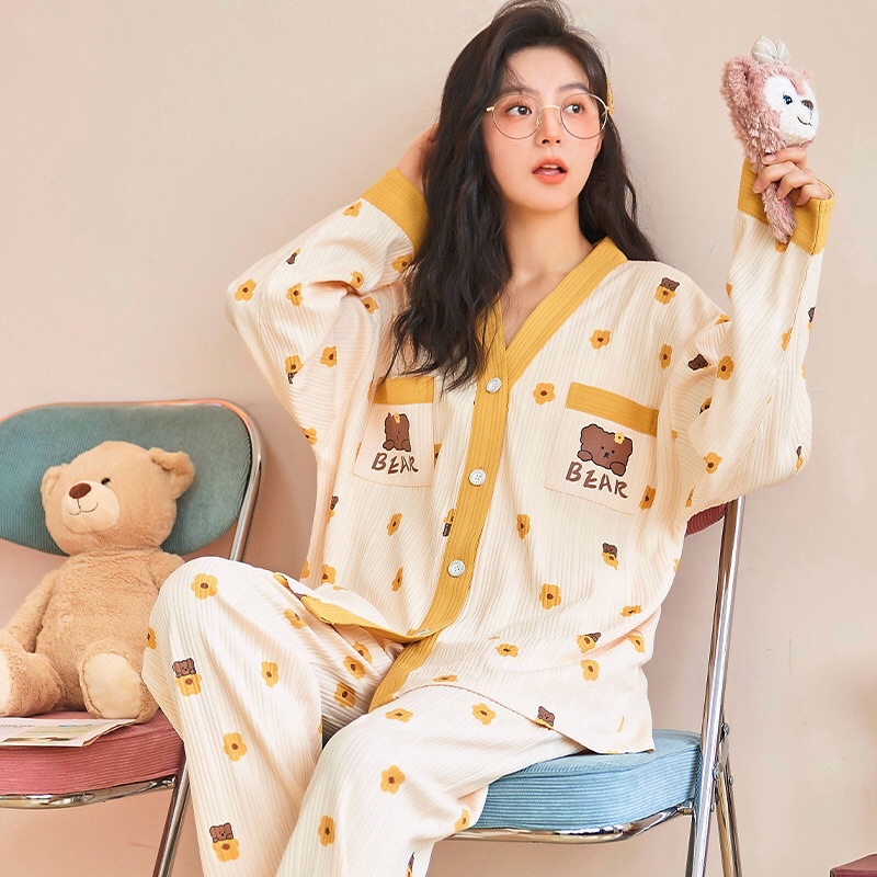 Đồ bộ đồ ngủ pyjama dài tay 100% cotton phong cách Hàn Quốc nhí nhảnh xinh xắn dễ thương chất vải siêu mềm mịn | BigBuy360 - bigbuy360.vn
