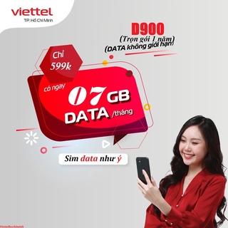 {FREE 1 NĂM} Sim 4G Viettel gói D900 có 7GB/Tháng Data không giới hạn