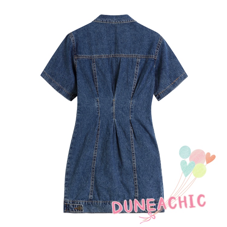 DUNEA DUNEA Đầm Denim Ngắn Tay Cổ Bẻ Phối Hàng Nút Phong Cách Đường Phố