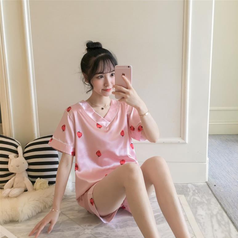 Đồ ngủ Pijama, bộ ngủ mặc nhà lụa satin cao cấp cố trái tim ngắn tay quần đùi hello kitty hình trái cây nhiều màu sắc  ཾ