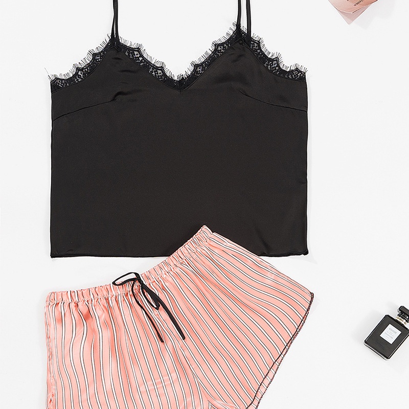 Bộ đồ ngủ hai dây + quần short dáng rộng thoải mái họa tiết kẻ sọc hàng mới dành cho bạn nữ 2021