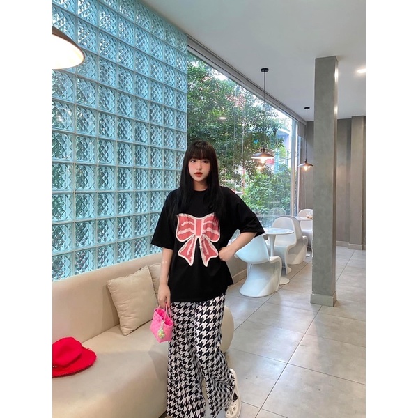 Set áo cotton đen nơ quần suông gân A9