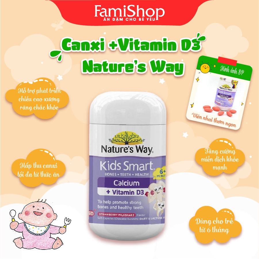 FamiShop Thực phẩm bổ sung can-xi+ Vitamin D3 cho trẻ dạng viên nhai Nature’s Way 50 viên