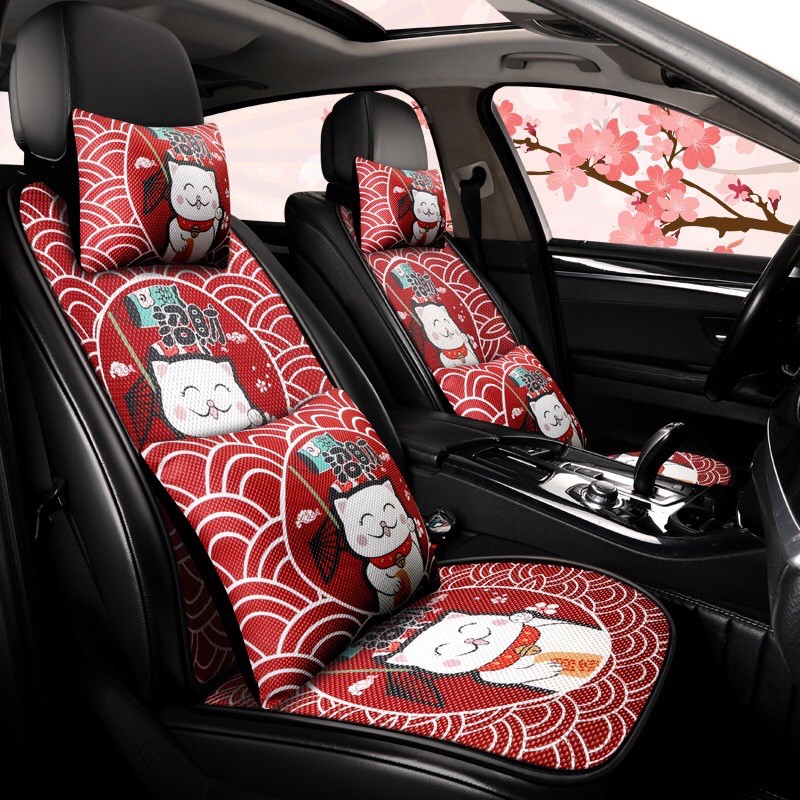 Set Lót Ghế Gối Tựa Mèo Thần Tài ❤️ Phụ Kiện Trang Trí Xe Hơi Cao Cấp