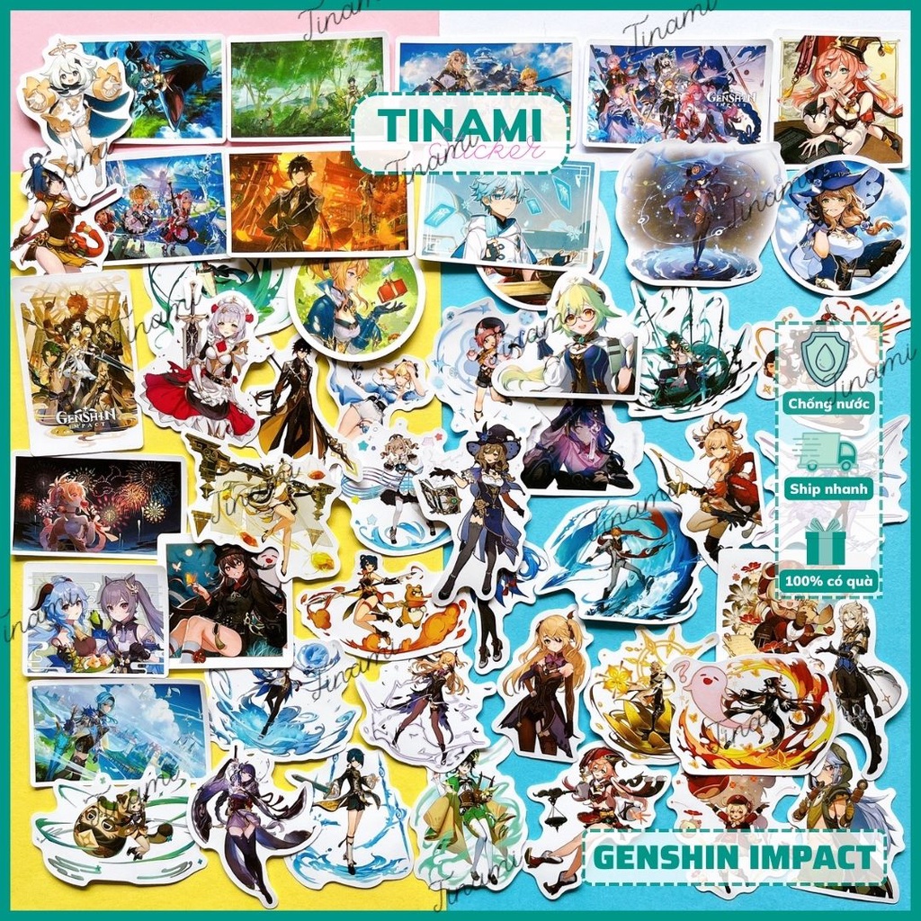 Bộ 50 Hình dán Sticker Genshin Impact chống thấm nước trang trí nón bảo hiểm xe máy vali điện thoại laptop