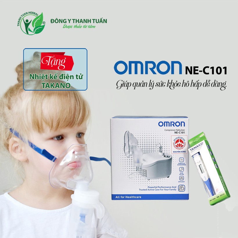 [Cao cấp] Máy xông mũi họng Omron NE-C101 Nhật Bản chính hãng + Tặng kèm nhiệt kế điện tử đầu mềm Takano