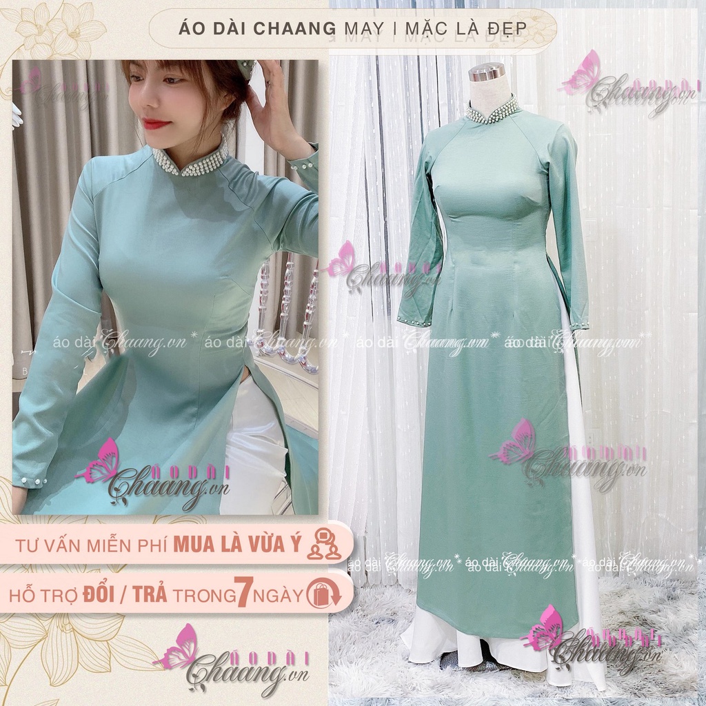 ○△Áo Dài Lụa Xanh Đính Đá Ngọc Đẹp May Sẵn Lua Tây Thi ADX021