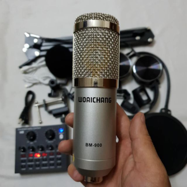 Bộ combo mic Livestream hát Karaoke card V8 có autotune micro BM900 WOAICHANG