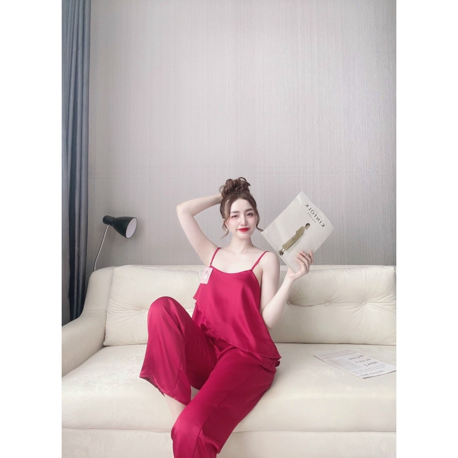 Đổ ngủ lụa satin, bộ mặc nhà quần dài áo 2 dây kiểu vạt xéo, chất vải đẹp, mát, may đẹp, phom rộng thoải mái dưới 55kg | BigBuy360 - bigbuy360.vn