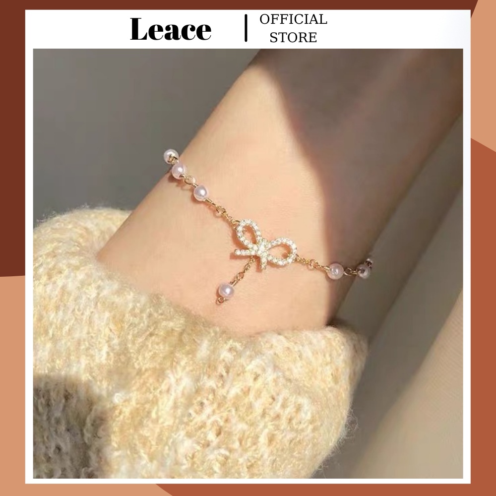 Vòng tay nữ, lắc tay nữ ngọc trai nhân tạo mặt nơ đính đá nữ tính BL019 Leace.accessories