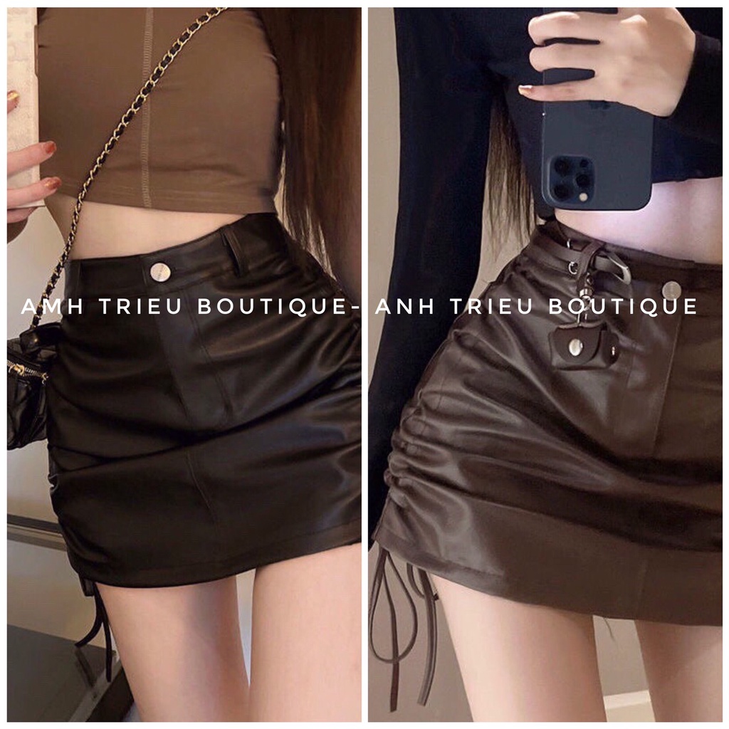Chân Váy Da Chữ A Ngắn Rút Dây Cao Cấp