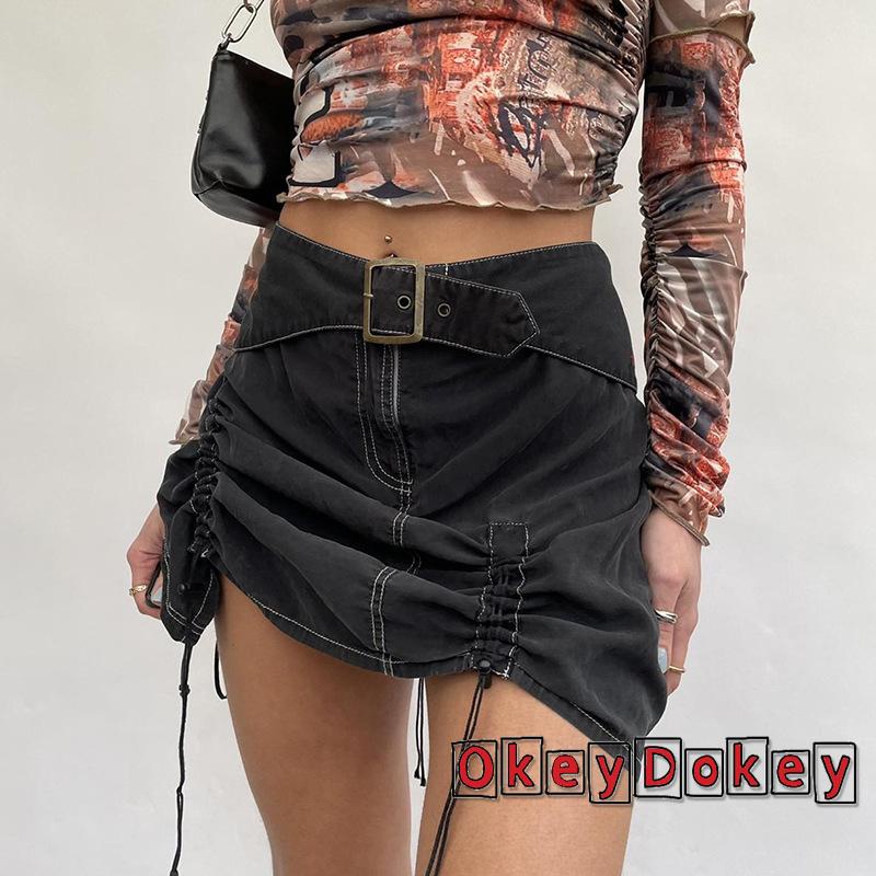 Chân Váy Ngắn Lưng Cao Màu Đen Trơn Phối Dây Rút Phong Cách Cổ Điển Thời Trang Cho Nữ Y2K