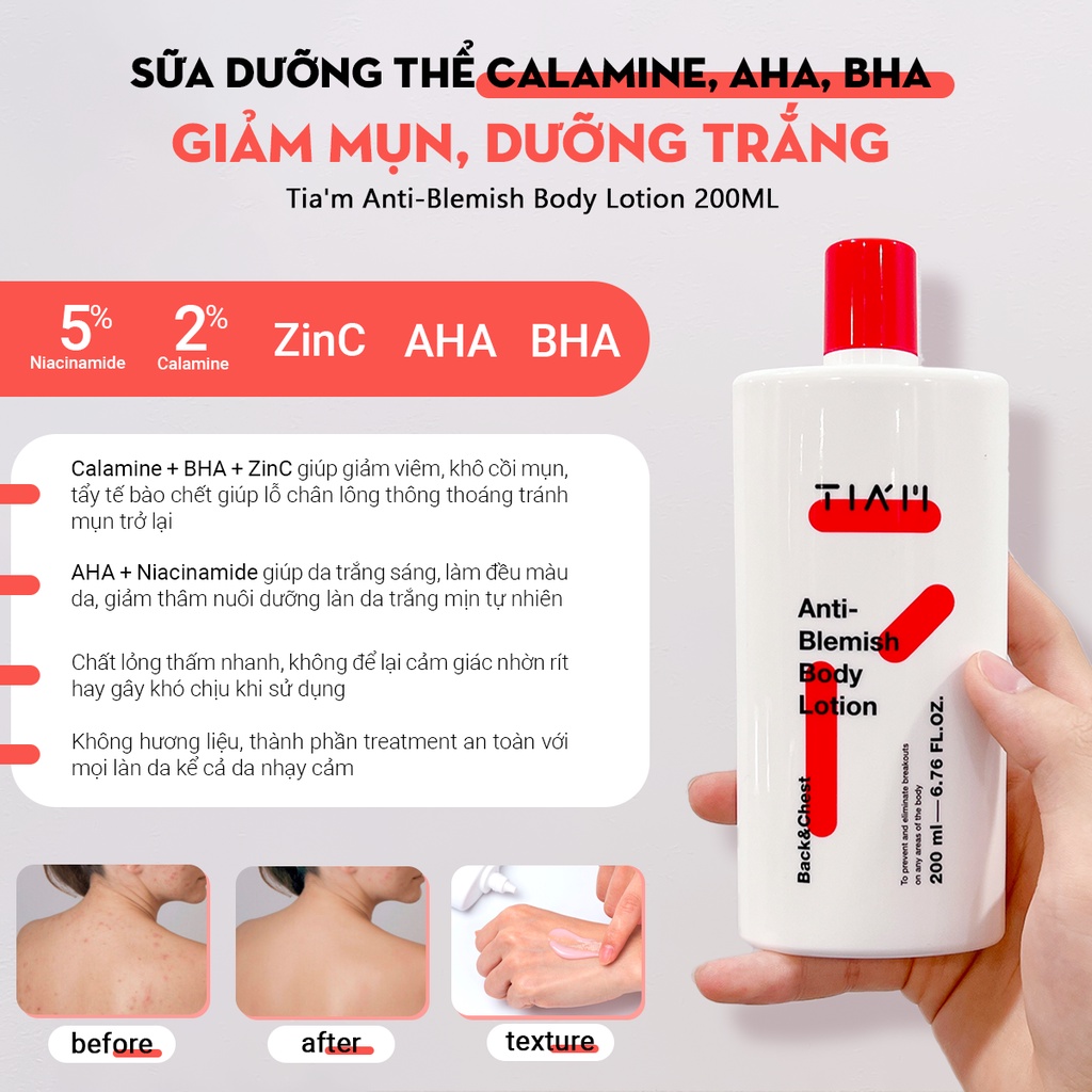 Sữa Dưỡng Thể Giảm Mụn, Dưỡng Trắng Body Calamine, AHA, BHA Tia'm Anti-Blemish Body Lotion 200ml