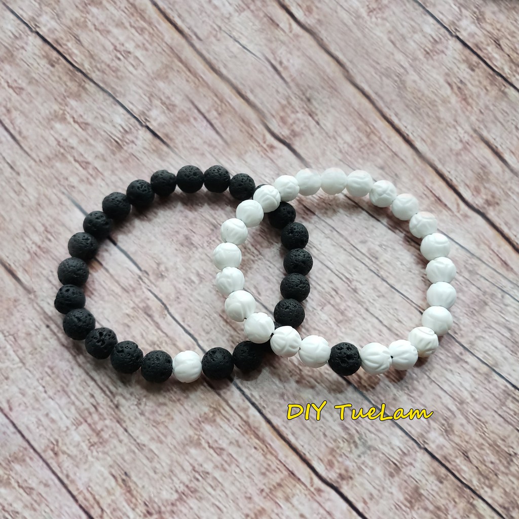 Vòng Tay Đôi  Gỗ Hóa Thạch Đen Trắng Nam Nữ May Mắn Tình Duyên