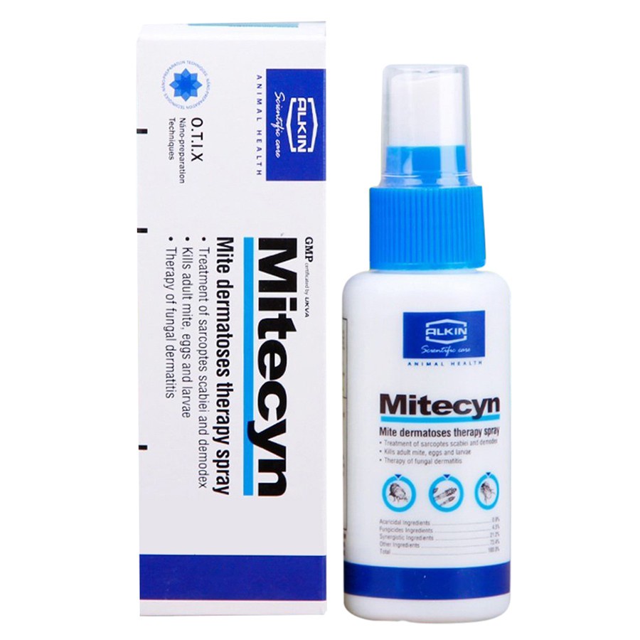 Alkin Mitecyn Xịt Trị Nấm, Ghẻ, Viêm Da ở Chó Mèo 50ml Hàng Anh Quốc- LOẠI THẨM THẤU CAO