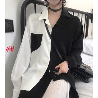 Áo sơ mi phối thân đen trắng .