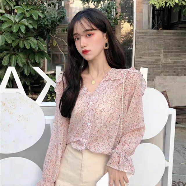 Áo sơ mi voan hoa cổ V viền bèo dài tay tiểu thư ulzzang