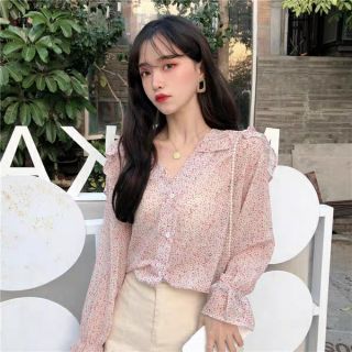[CÓ SẴN] Áo sơ mi voan hoa cổ V viền bèo dài tay tiểu thư ulzzang
