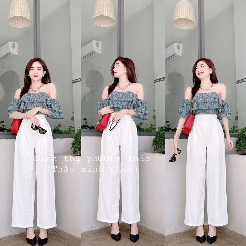 Set trang phục áo croptop hoa bèo ngực rớt vai + quần dài trắng ống suông (kèm ảnh thật) (SM)