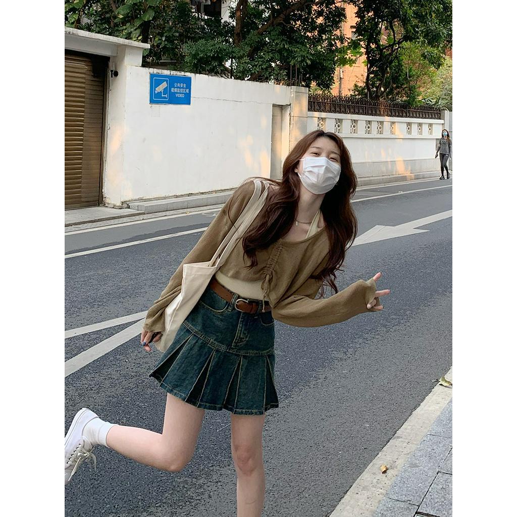 Bộ Áo Dài Tay + Chân Váy Denim Xếp Ly Xinh Xắn Dành Cho Nữ 63501