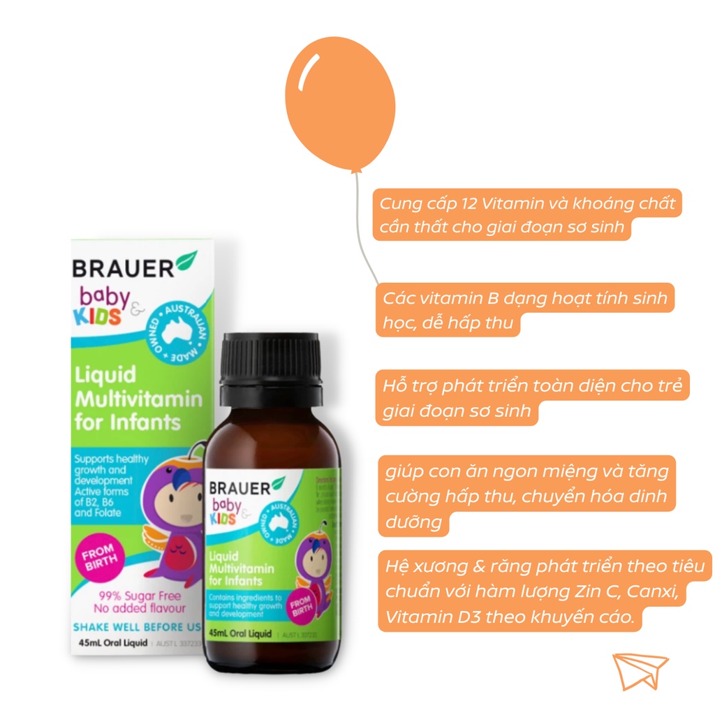 Vitamin Tổng Hợp Brauer Baby &amp; Kids Liquid Multivitamin For Infant cho trẻ sơ sinh 0-12 tháng tuổi (45ml)