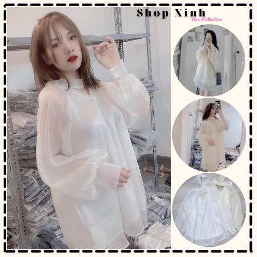 Áo sơ mi tơ óng 2 lớp cổ nơ ngọc, Áo cổ nơ tơ óng đính ngọc cực xinh VIP44