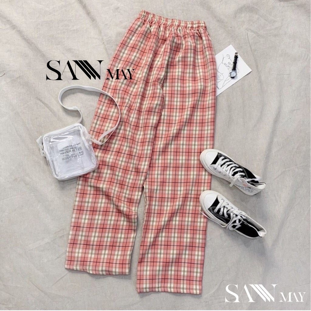 Quần Kẻ Sọc Caro Kẻ Nữ Ống Rộng Lưng Cao Quần Baggy Unisex Dáng Suông Form Dài Cạp Chun Đi Học Đẹp SANMAY QD003 | BigBuy360 - bigbuy360.vn