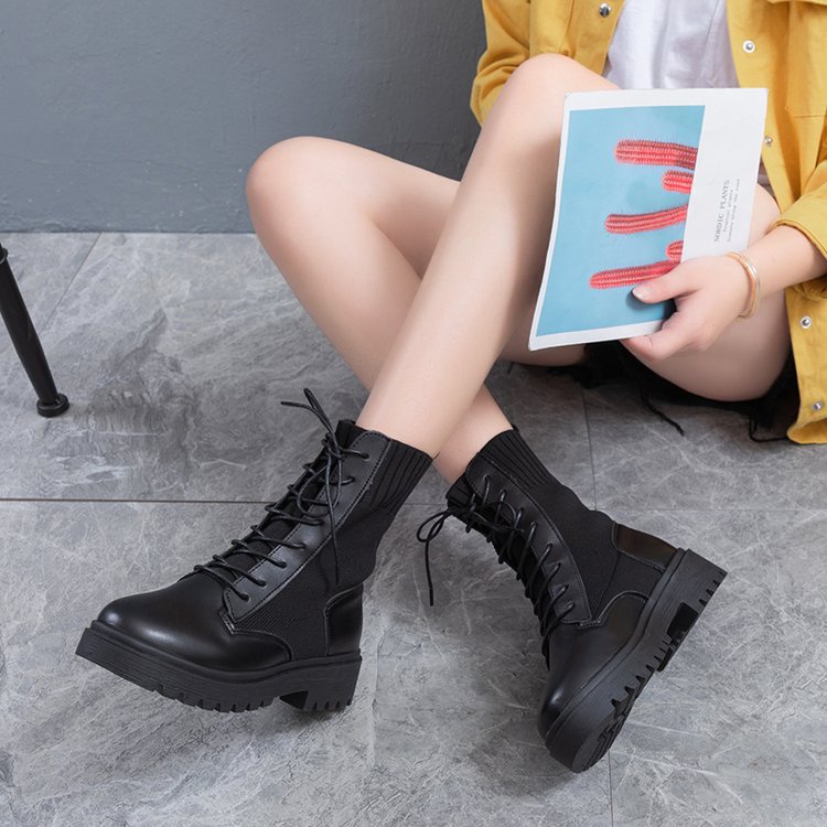 Giày boots cao cổ đế bằng chất da phối len cổ chun cực cá tính phong cách ulzzang giá rẻ cho nữ