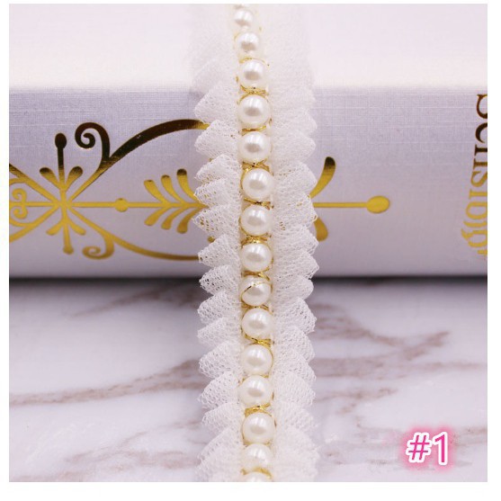 Dải dây ren phối hạt ngọc trai trắng chuyên dùng đính váy cưới phong cách sang trọng