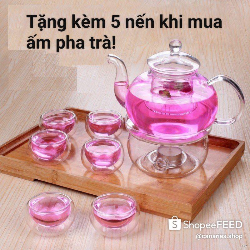 bộ trà thuỷ tinh có đế nến tặng tách thủy ấm chịu nhiệt pha chè sen hoa detox đun được